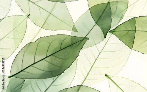 Translucent Green Leaf Skeletons Overlapping on White Background, Botanical Texture, Nature Pattern