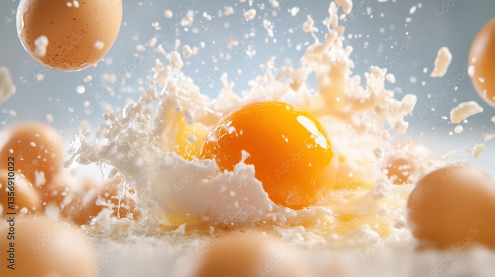 A striking image of an egg bursting into milk, showcasing the vibrant yolk amid a splash, embodying the thrill of cooking and the artistry of food preparation.