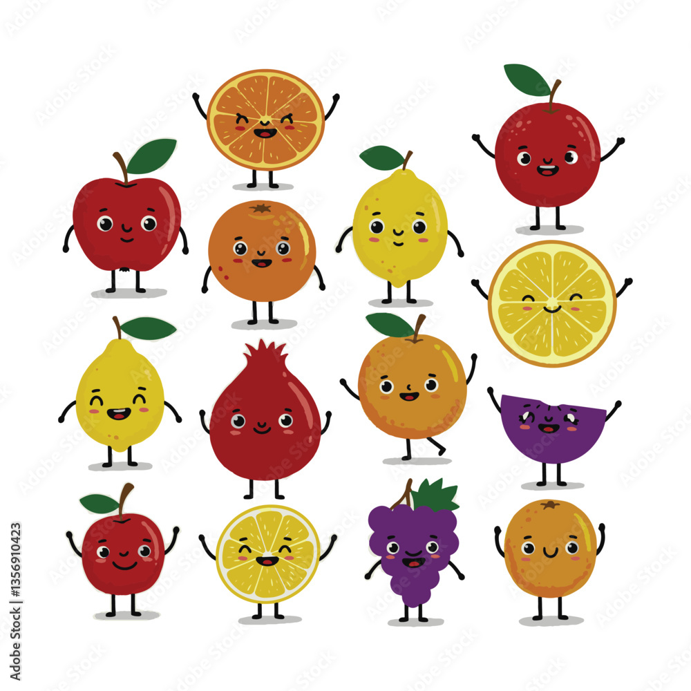Fototapeta premium Smiling Fruit Animated Drawing Happy Faces Illustration
