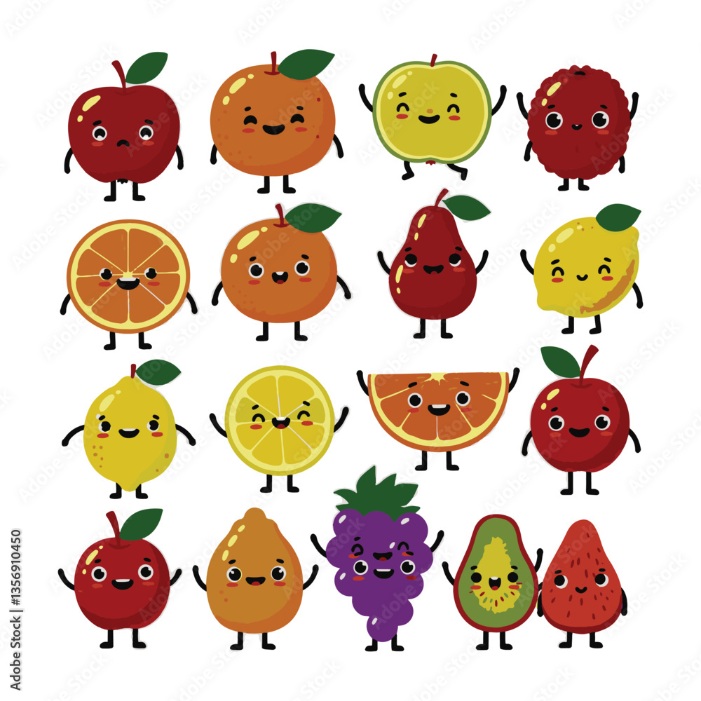 Fototapeta premium Expressive Fruit Animated Drawing Fun Cute Faces Pack