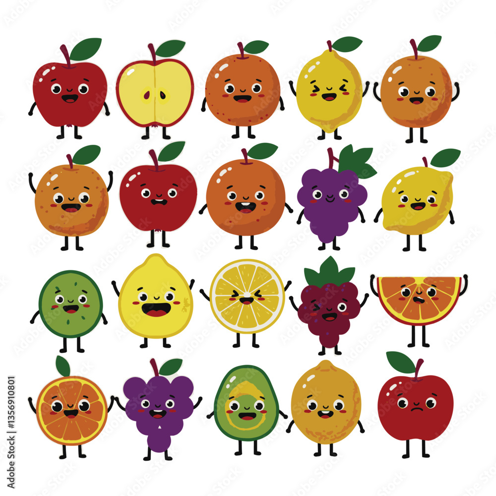 Fototapeta premium Smiling Fruit Animated Drawing Happy Faces Illustration