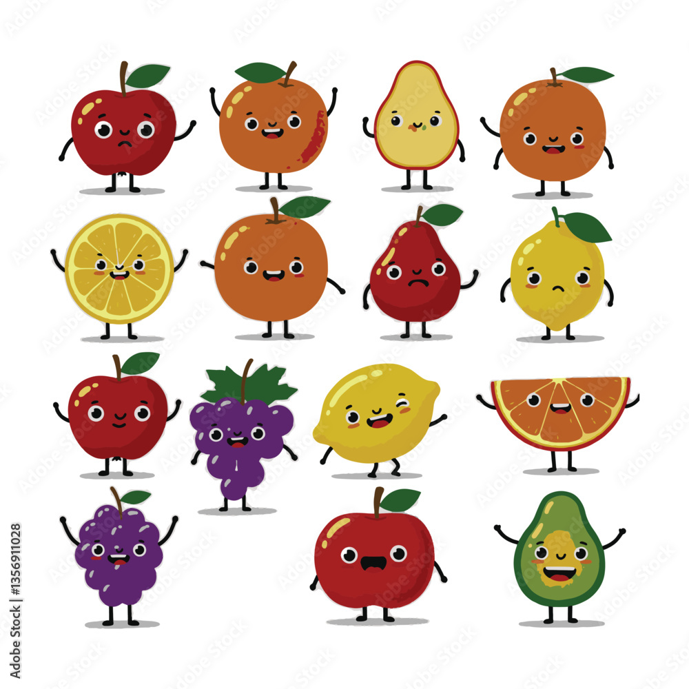 Fototapeta premium Adorable Cute Animated Drawing Fruit Faces Illustration