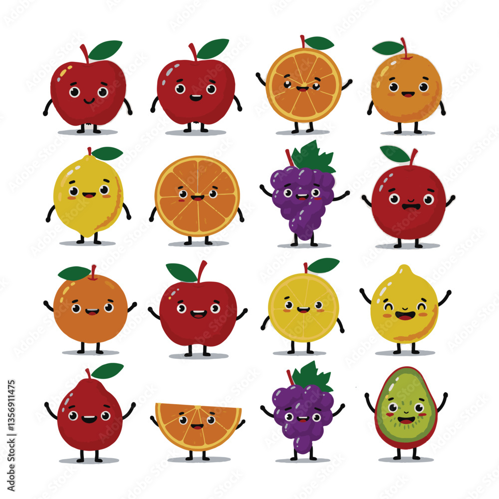 Fototapeta premium Colorful Fruit Animated Drawing Collection with Faces