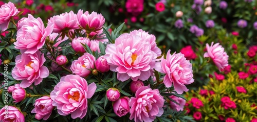 Fototapeta Naklejka Na Ścianę i Meble -  A lush peony bush bursting with vibrant pink blooms in a vibrant garden, floral, blooming