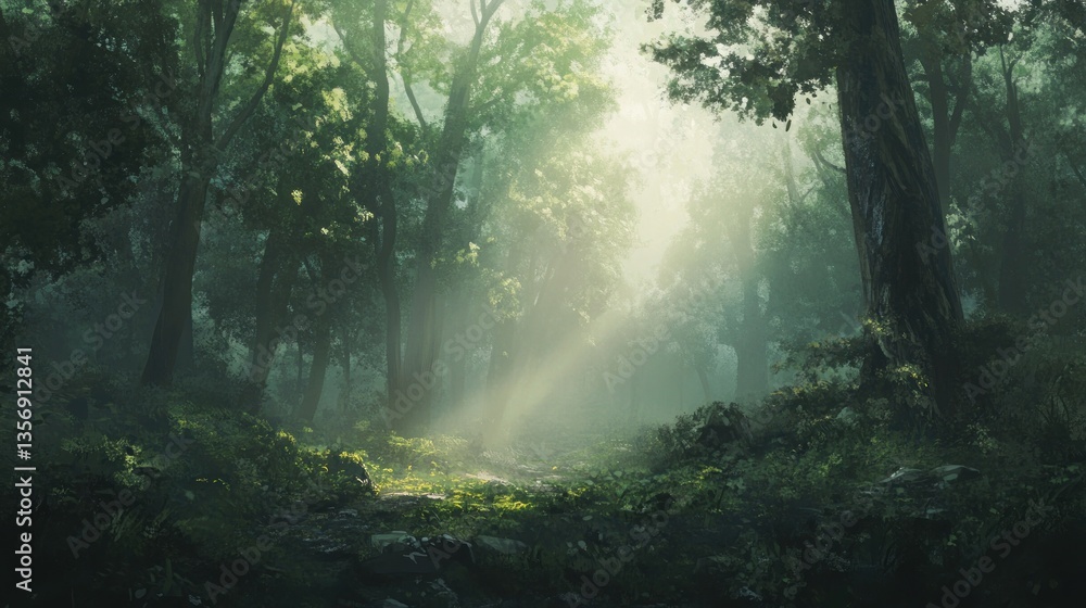 Fototapeta premium Sunlit Woodland Path, Serene Forest Ambiance with Misty Rays