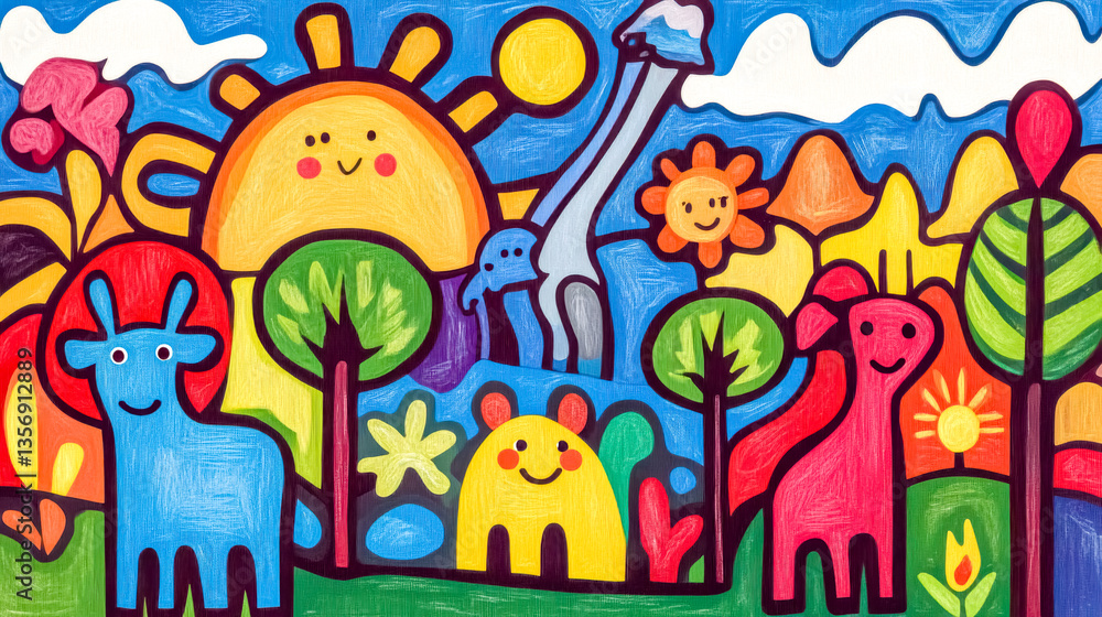 Obraz premium Colorful childlike drawing of animals and nature with smiling sun