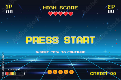 PRESS START INSERT A COIN TO CONTINUE .pixel art .8 bit game. retro game. for game assets .Retro Futurism Sci-Fi Background. glowing neon grid. and stars from vintage arcade computer games