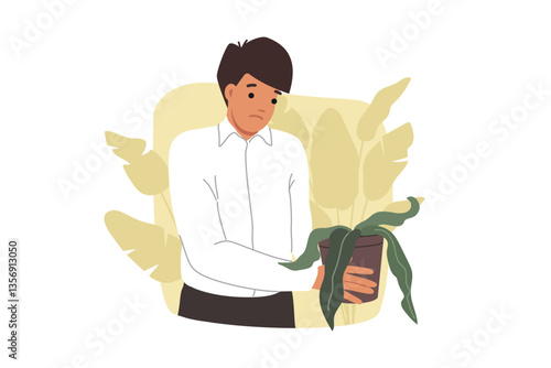 Obraz na płótnie Stress is experienced by business man holding wilted houseplant, symbolizing decline in career. Problem of stress in office employee who needs to take antidepressants or go to psychotherapist w salonie
