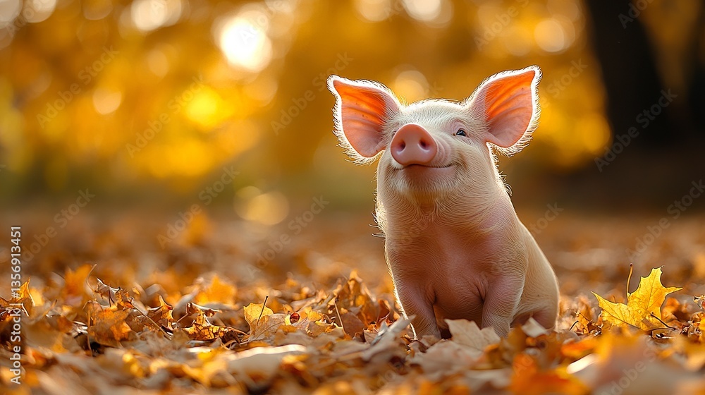 Fototapeta premium A smiling pig sits in a picturesque autumn meadow, surrounded by golden leaves and bathed in soft sunlight, vibrant fall colors creating a heartwarming scene.