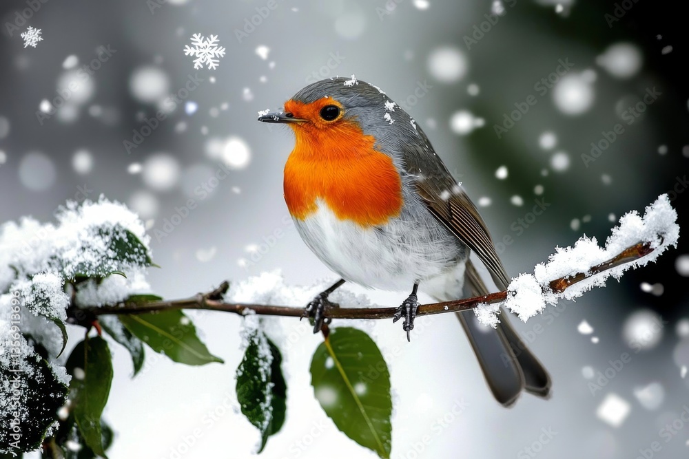 Winter's charm showcased by a robin on a snowy branch. Winter's charm showcased by a robin on a snowy branch.