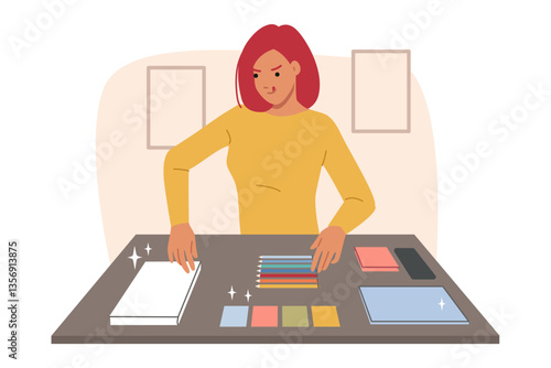 Obraz na płótnie Obsessive-compulsive disorder or ocr in woman trying to achieve perfect order by arranging stationery items on table. Psychological disease ocr in girl in need of help from psychologist w salonie