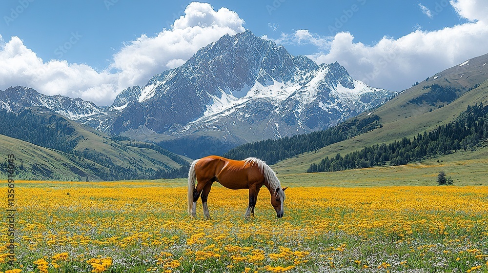 Obraz premium A solitary horse grazing on expansive grasslands, framed by rugged mountain peaks and softened by the warm, golden hues of early evening light.