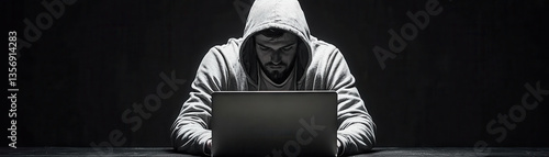 Obraz na płótnie focused individual in hoodie is working intently on laptop in dimly lit environment, showcasing sense of concentration and determination w salonie