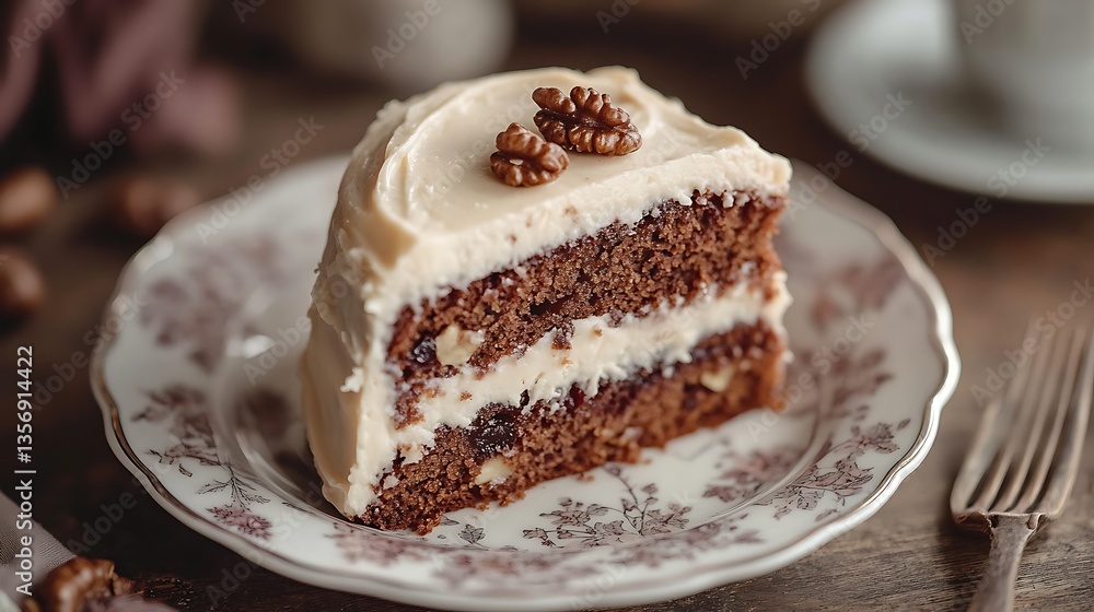 A single bite taken from a slice of coffee and walnut fruit cake, showing its fluffy yet rich texture, the coffee-infused frosting melting slightly, served on a delicate floral-patterned plate, A single bite taken from a slice of coffee and walnut fruit cake, showing its fluffy yet rich texture, the coffee-infused frosting melting slightly, served on a delicate floral-patterned plate,