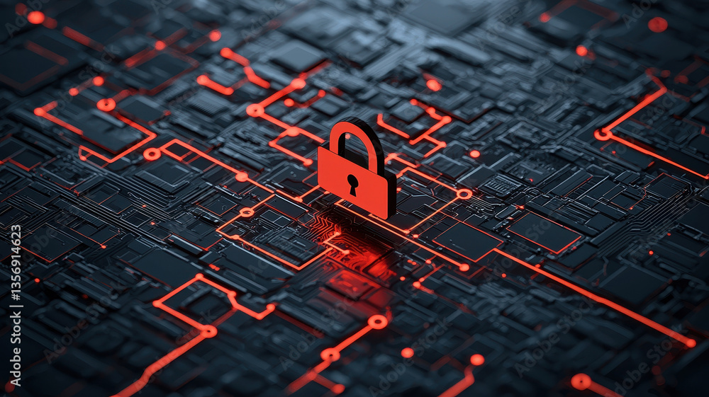 digital representation of secure network featuring prominent lock symbol, conveying sense of safety and protection in technology