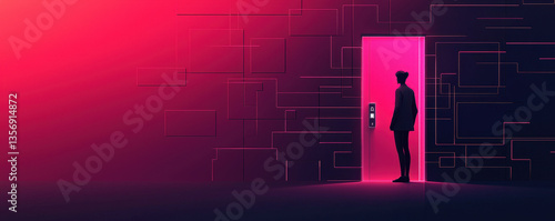 person standing in front of glowing pink elevator door, surrounded by vibrant abstract background, evokes sense of anticipation and mystery