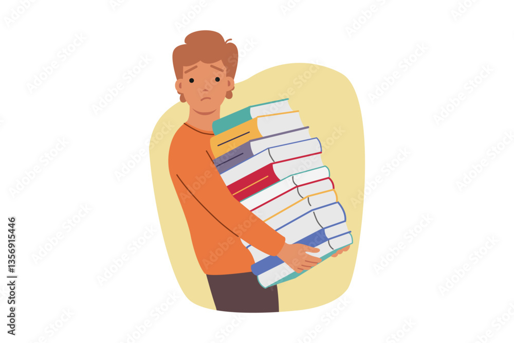 Upset boy holding stack of books assigned by teacher from primary school, for concept of overload in education. Sad child feels depressed due to having to read books or textbooks to prepare for exam