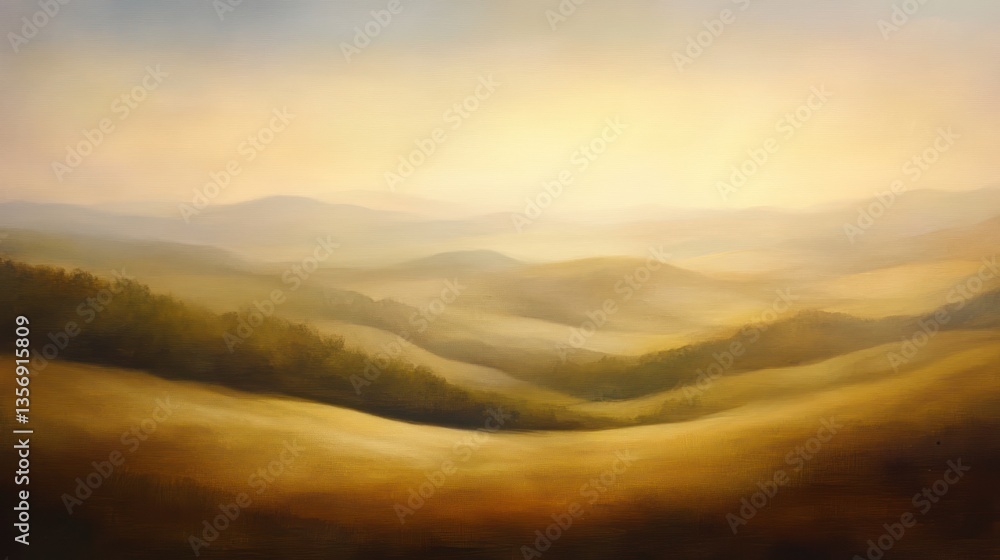 Obraz premium Serene Landscape, Soft Hues of Rolling Hills Under a Golden Sky