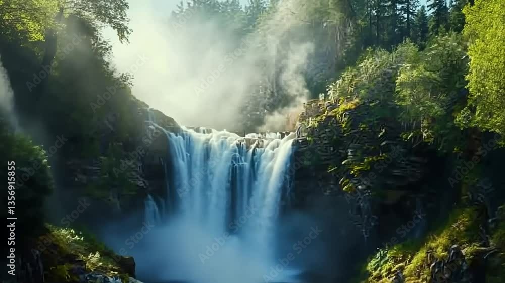 A captivating waterfall cascades down into a serene river surrounded by lush greenery and mountains.