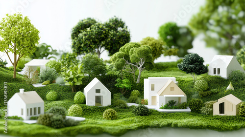 A cityscape where rooftops are covered with plants actively capturing CO2, futuristic design, isometric view, clean lines, eco-friendly tones.