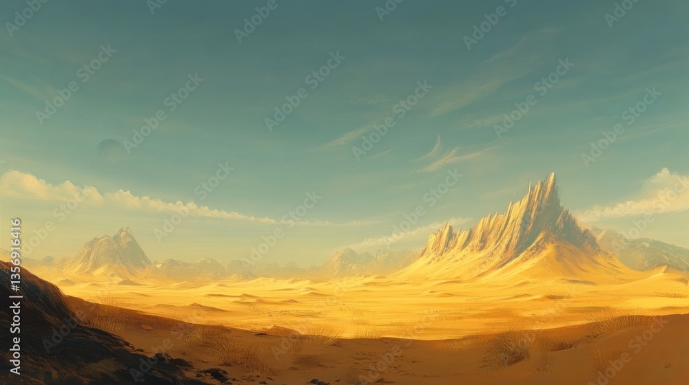 Naklejka premium Arid Expanse, Golden Desert Under a Pale Sky with Distant Mountains