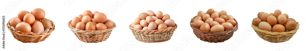 Collection of fresh chicken eggs in a basket isolated on a transparent or white background, cut out, PNG Collection of fresh chicken eggs in a basket isolated on a transparent or white background, cut out, PNG