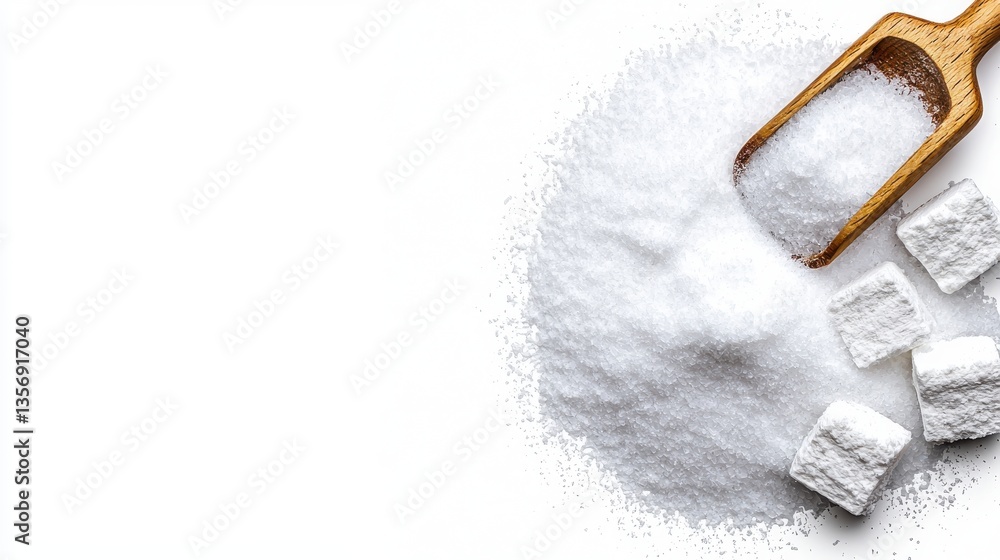 Wooden scoop overflowing with granulated sugar next to sugar cubes on a bright white background creating a sweet scene Wooden scoop overflowing with granulated sugar next to sugar cubes on a bright white background creating a sweet scene