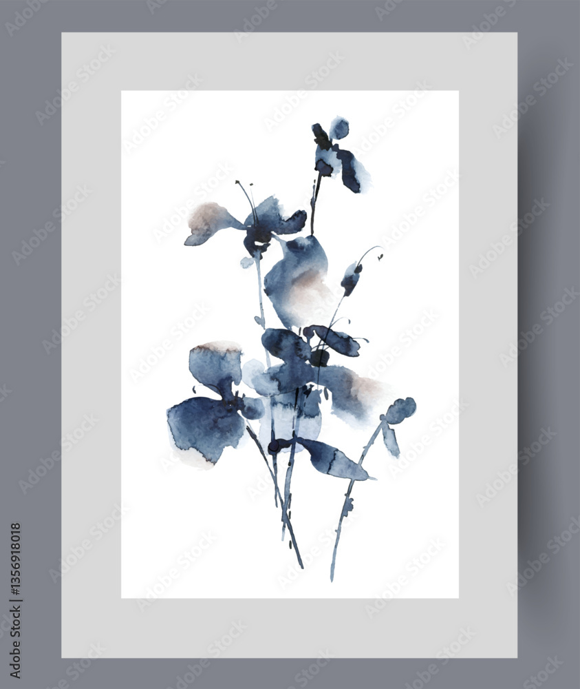 Spring flowers growing in wild field or cultivated by flower growers on print. Watercolor poster. Artwork with beautiful flowers with dark petals and tall stems, in frame with decor for wall art