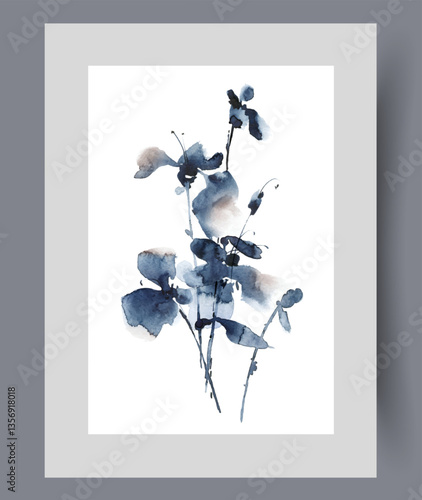 Obraz na płótnie Spring flowers growing in wild field or cultivated by flower growers on print. Watercolor poster. Artwork with beautiful flowers with dark petals and tall stems, in frame with decor for wall art w salonie