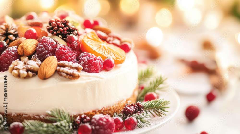 Festive holiday cake with fresh berries and nuts on elegant stand decorated for Christmas celebration Festive holiday cake with fresh berries and nuts on elegant stand decorated for Christmas celebration