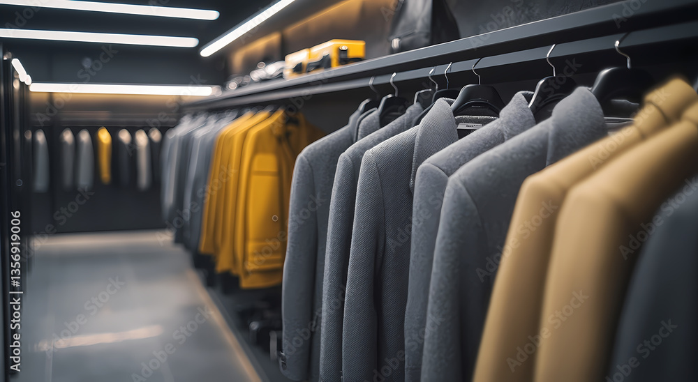 Fototapeta premium Elegance on Display: a sophisticated display of tailored suits, inviting potential buyers with their timeless elegance and quality craftsmanship. Focuses on fashion and retail experience.