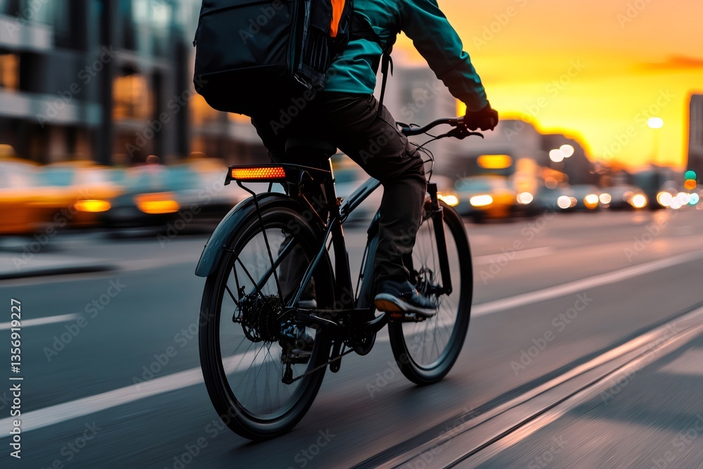 Fototapeta premium Courier riding bicycle on city street during sunset