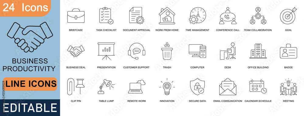 Business productivity line icons set. Includes briefcase, task checklist, remote work, time management, team collaboration, goal, secure data, email communication, meeting, and innovation. Business productivity line icons set. Includes briefcase, task checklist, remote work, time management, team collaboration, goal, secure data, email communication, meeting, and innovation.