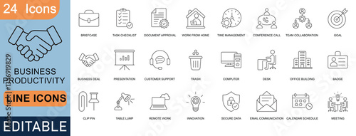 Business productivity line icons set. Includes briefcase, task checklist, remote work, time management, team collaboration, goal, secure data, email communication, meeting, and innovation.