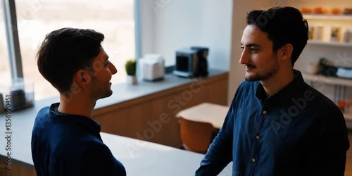 Business people talking in office. Two man speaking in cafe canteen. Male communication. Guys sharing feelings. Persons talking with smile. Friends speaking at office canteen work break joyfully