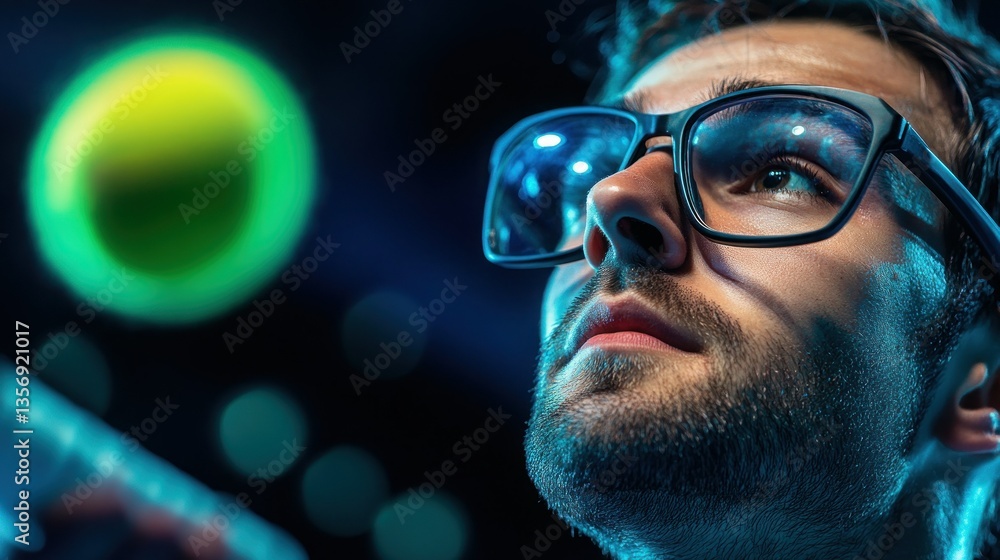 Focused man in futuristic glasses, glowing lights in background Focused man in futuristic glasses, glowing lights in background