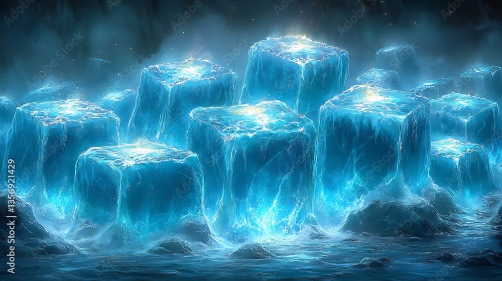 Fototapeta premium Glowing ice cubes magically arranged serene blue light. AI Generated