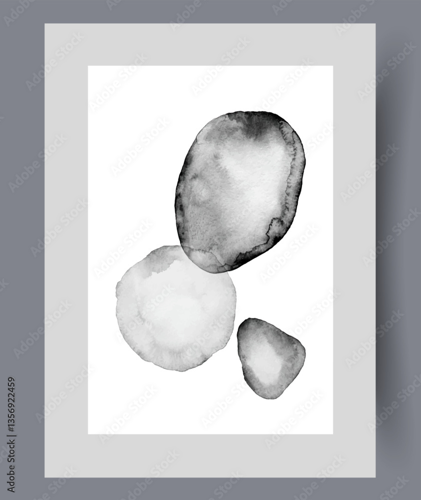 Monochrome abstract composition with dark figures of different sizes and asymmetrical shape. Fashionable poster in style of abstract art for exhibition on theme of asymmetry in human life.