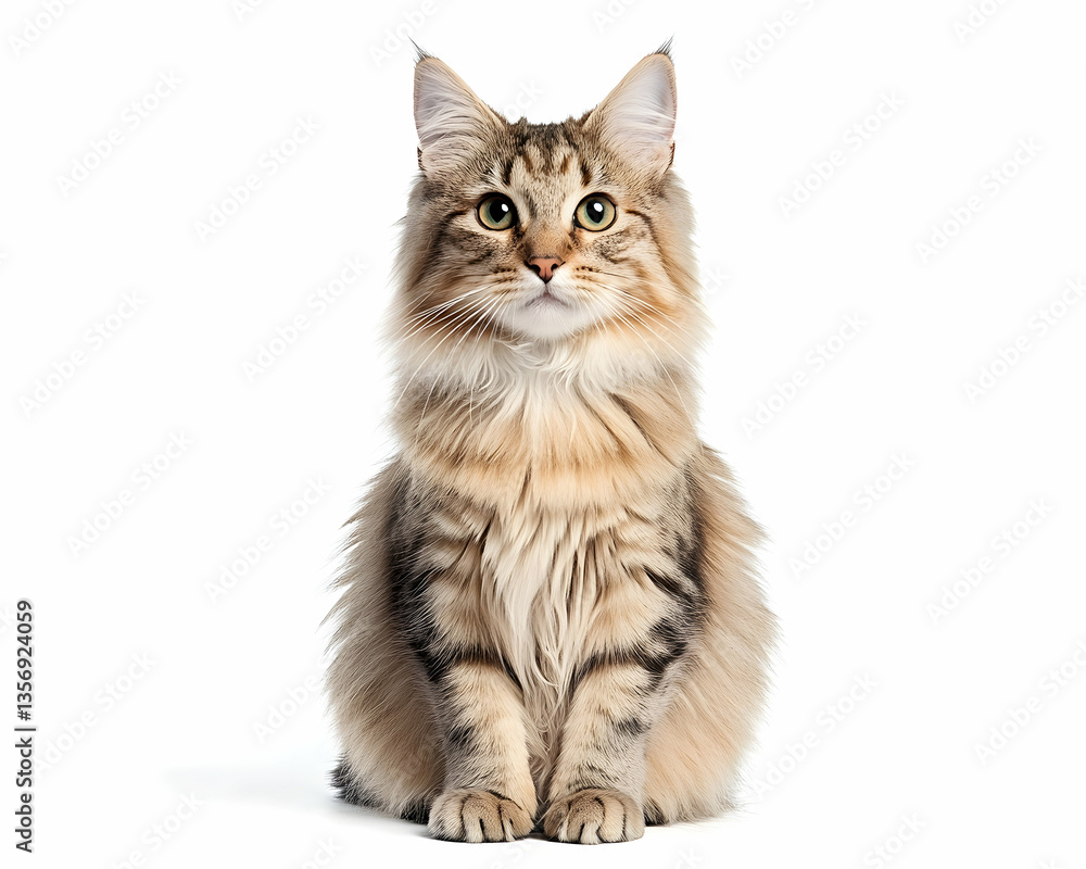 Obraz premium A long-haired tabby cat sits, facing forward against a white background