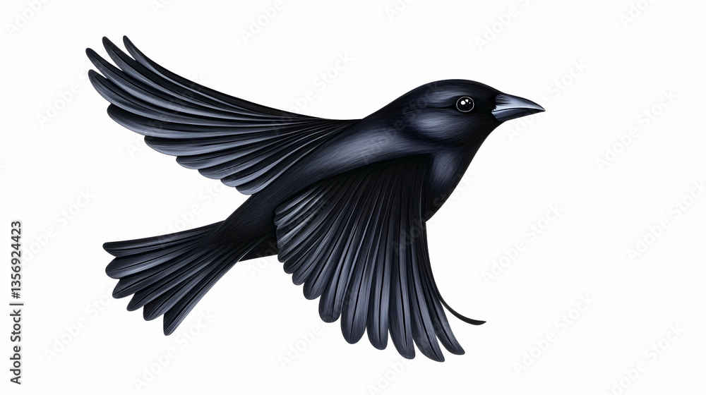 A sleek, black bird in mid-flight against a white background A sleek, black bird in mid-flight against a white background