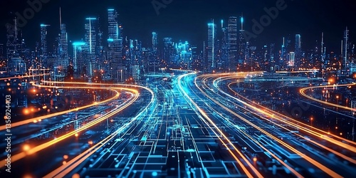 Fototapeta Naklejka Na Ścianę i Meble -  Illustration of IT roadmap modern technology and innovative processes, networking and big data. Created with Generative AI