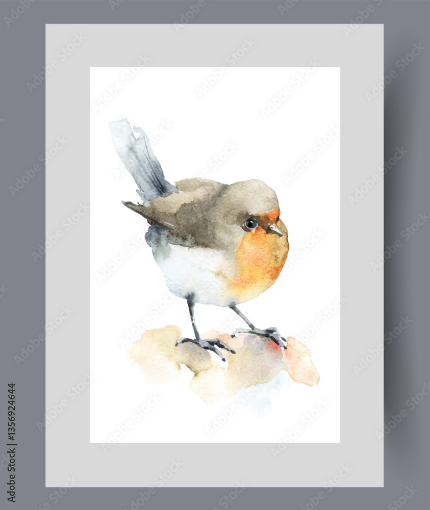 Tit bird with yellow belly and long legs sat on ground on print. Watercolor poster. Artwork with songbird tit to decorate apartment of people who love animal world, in frame with decor for wall art