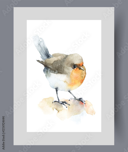 Obraz na płótnie Tit bird with yellow belly and long legs sat on ground on print. Watercolor poster. Artwork with songbird tit to decorate apartment of people who love animal world, in frame with decor for wall art w salonie