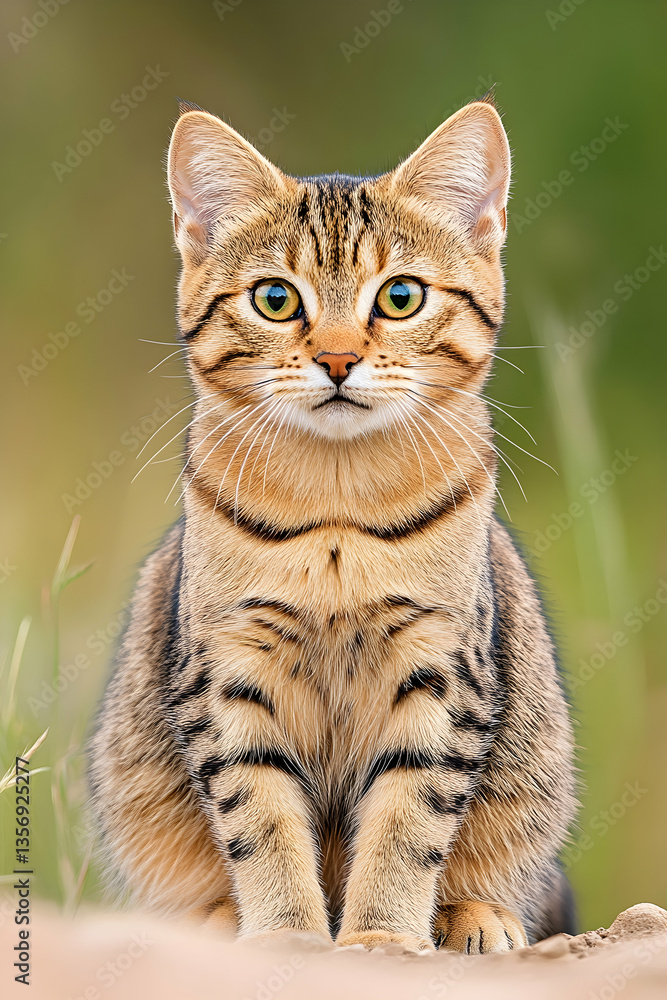 A young, tabby cat with striking yellow eyes sits outdoors, facing the camera A young, tabby cat with striking yellow eyes sits outdoors, facing the camera