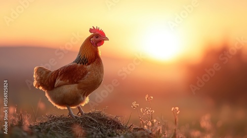 A beautiful hen stands proudly on a mound against a stunning sunset, symbolizing rural life and the beauty of nature in a serene countryside setting.