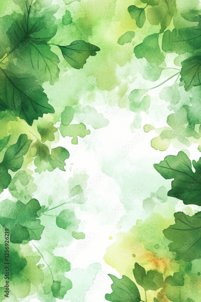 Fototapeta premium Watercolor foliage frame with vibrant green leaves and organic shapes creating a refreshing nature background for design and artistic projects