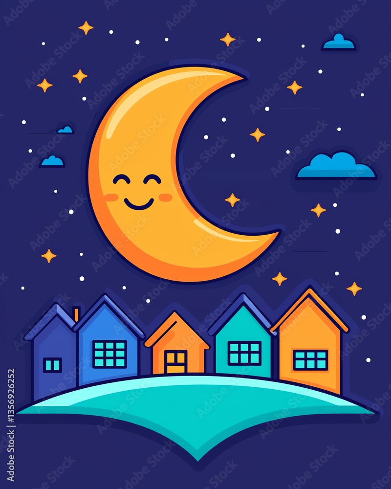 Fototapeta premium cheerful moon smiles over colorful houses under starry night sky, creating whimsical and cozy atmosphere