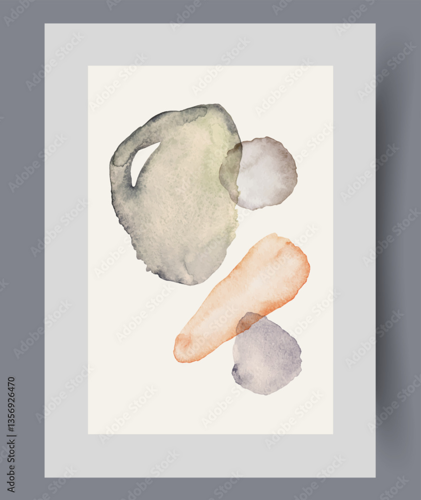 Minimalistic creative card with composition of rare spots with asymmetrical shape for home interior design. Creative watercolour poster with abstract elements symbolizing chaotic nature of events