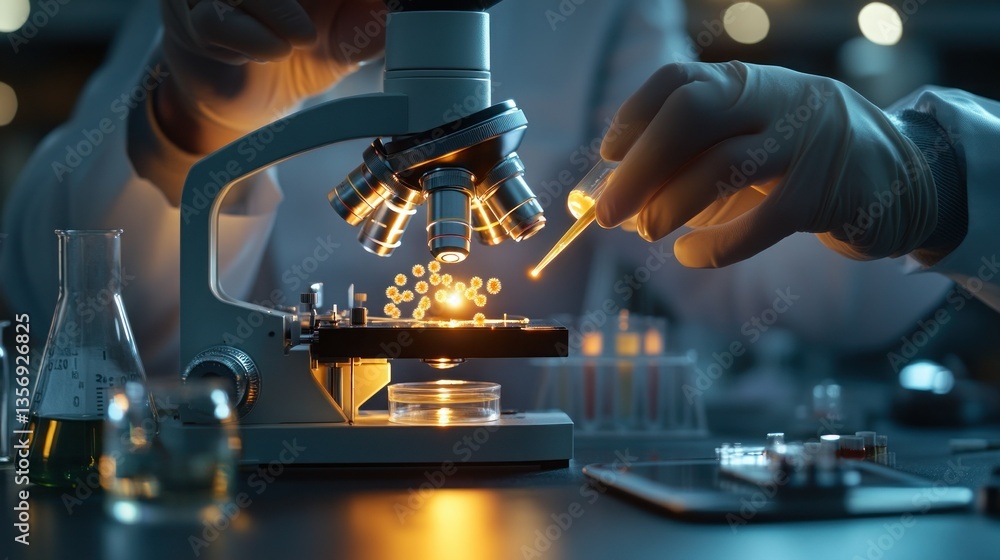 Scientist examining microscopic sample with microscope in laboratory setting Scientist examining microscopic sample with microscope in laboratory setting