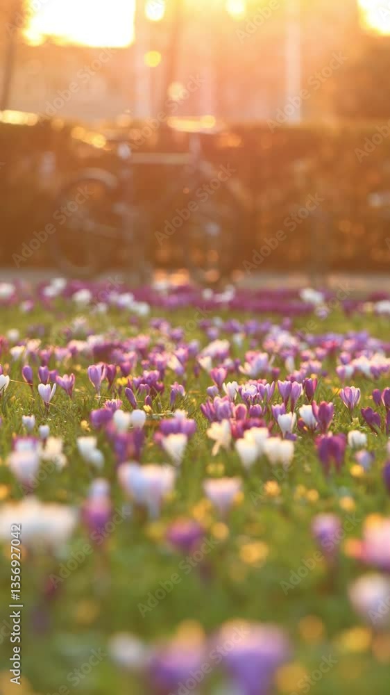 Closeup of crocus blossom in the grass against backlight at sunset, Netherlands spring